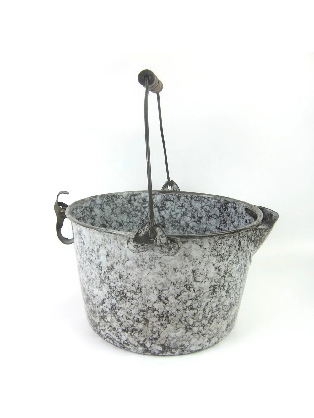 Antique Graniteware Enamelware Pail & Steamer Strainer Set Mottled Black Handle